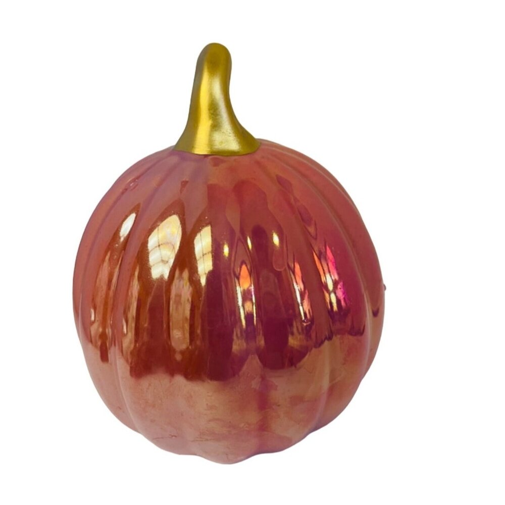 Ceramic Iridescent‎ Pumpkin Figurine With Gold Stem 5" H x 4" W